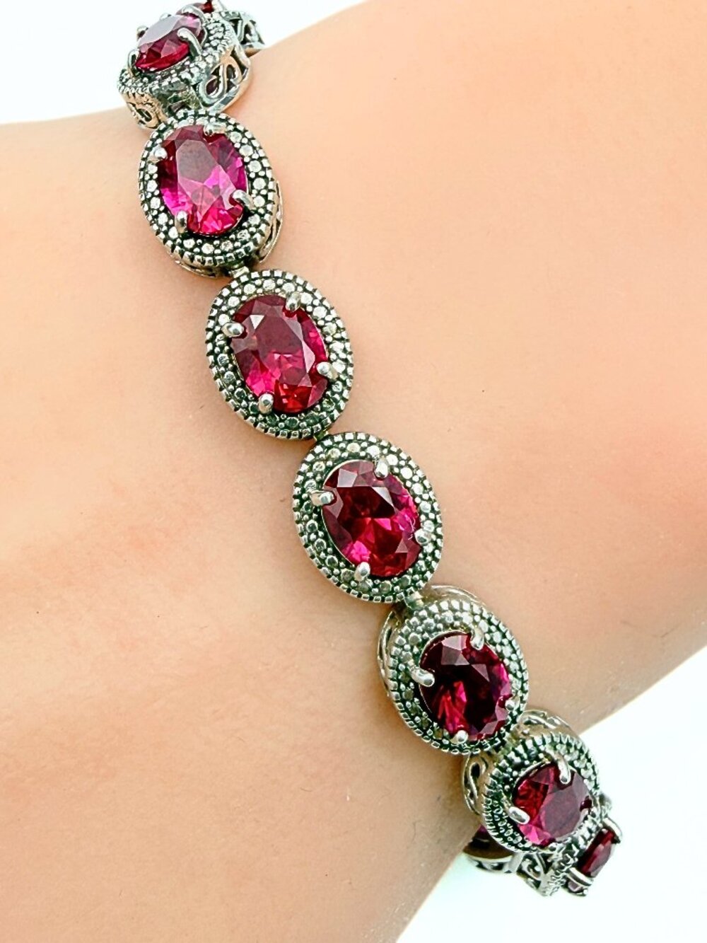 Victorian Revival Marked BBJ Sterling Silver Lab Created Ruby Oval Link Bracelet